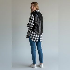 Sam Edelman Black White Buffalo Check Plaid Tunic Sequin Back Top | S